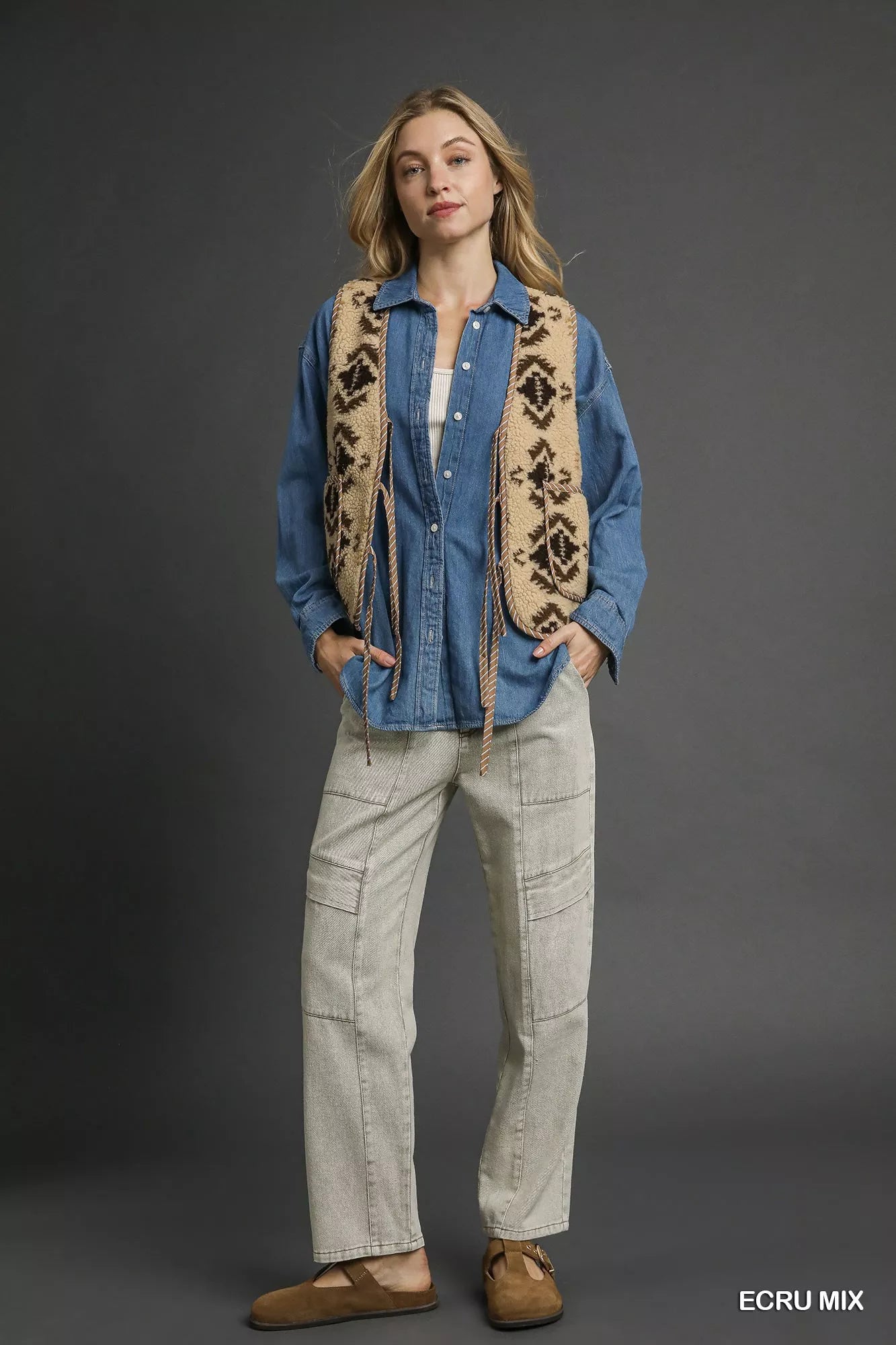Umgee Mix Patterned Sherpa Tie-Front Vest Boho Winter Layer - NeoKira Unlimited
