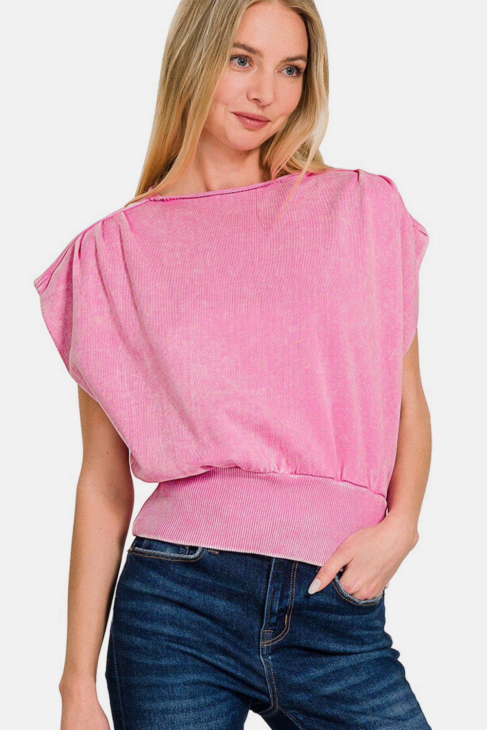 Zenana Washed Boat Neck Bottom Banded Dolman Sleeve Top Top Trendsi Candy Pink S 