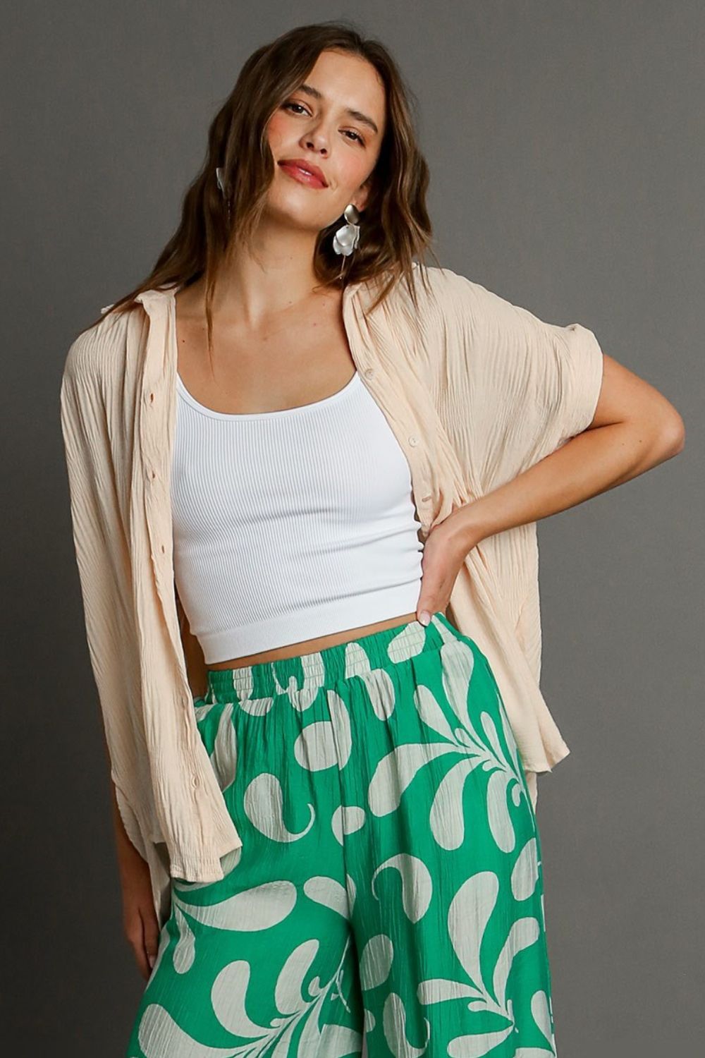 Umgee Full Size Textured Button Down Short Sleeve Shirt Plus Size - NeoKira Unlimited