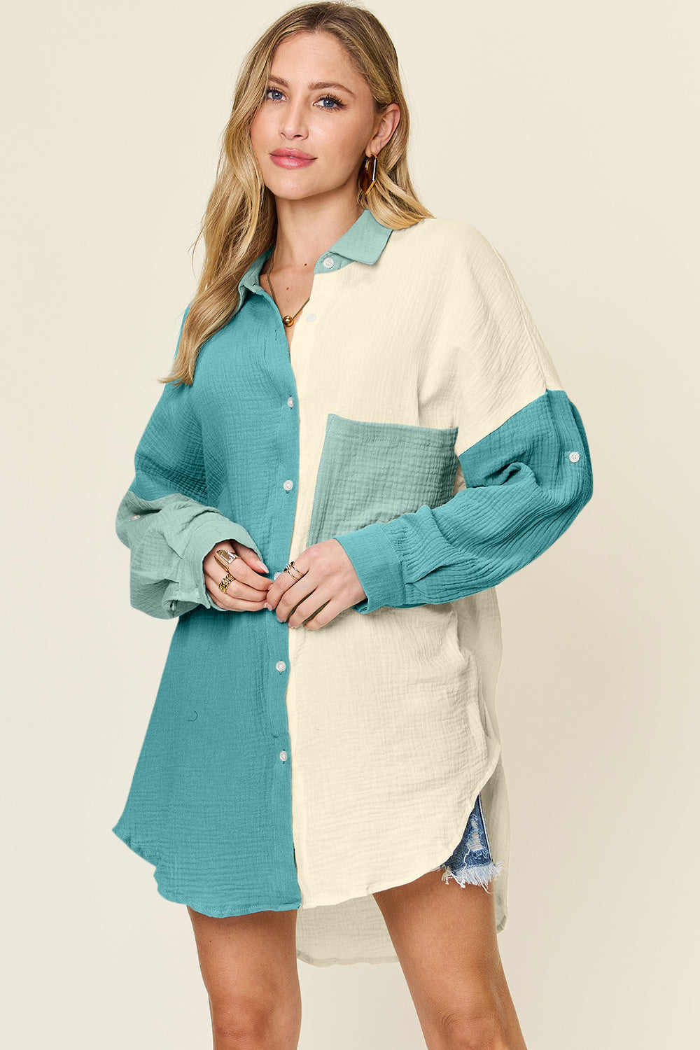 Double Take Full Size Pocketed Texture Button Up Shirt - NeoKira Unlimited