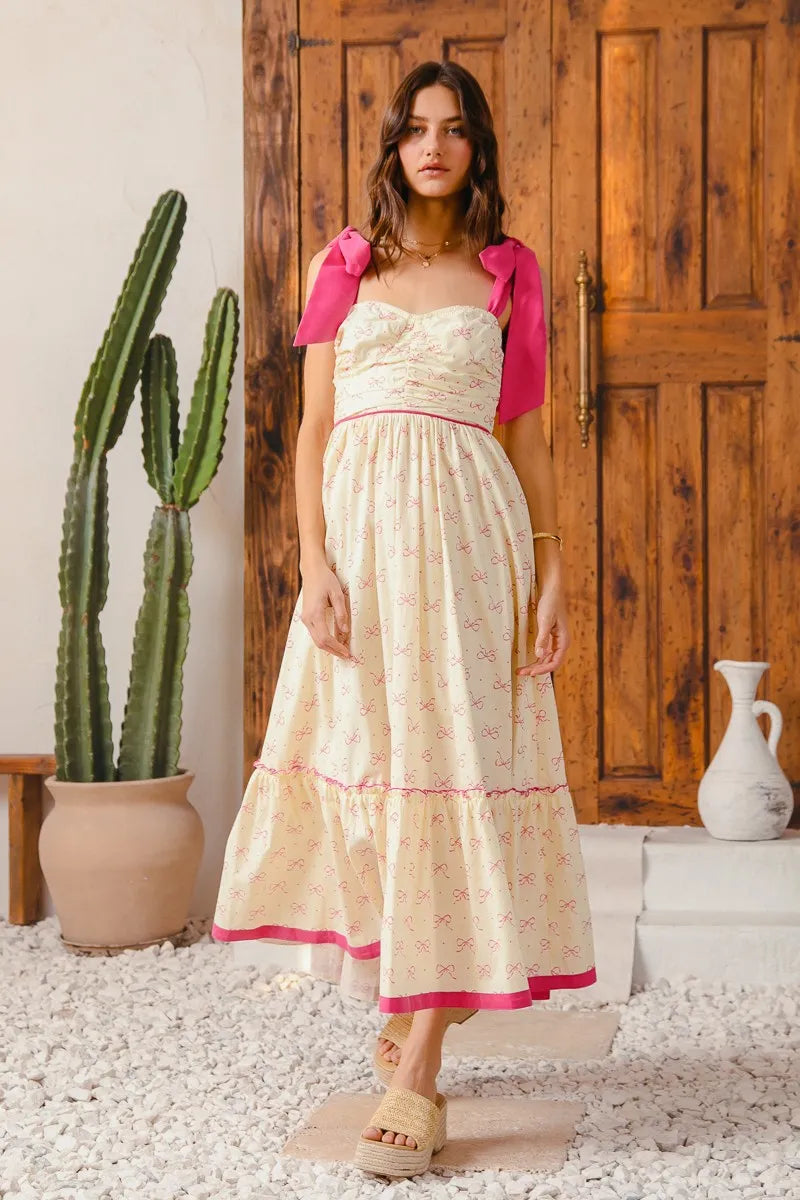 SO ME Ribbon Flowy Maxi Dress with Contrast Trim Boho Style - NeoKira Unlimited