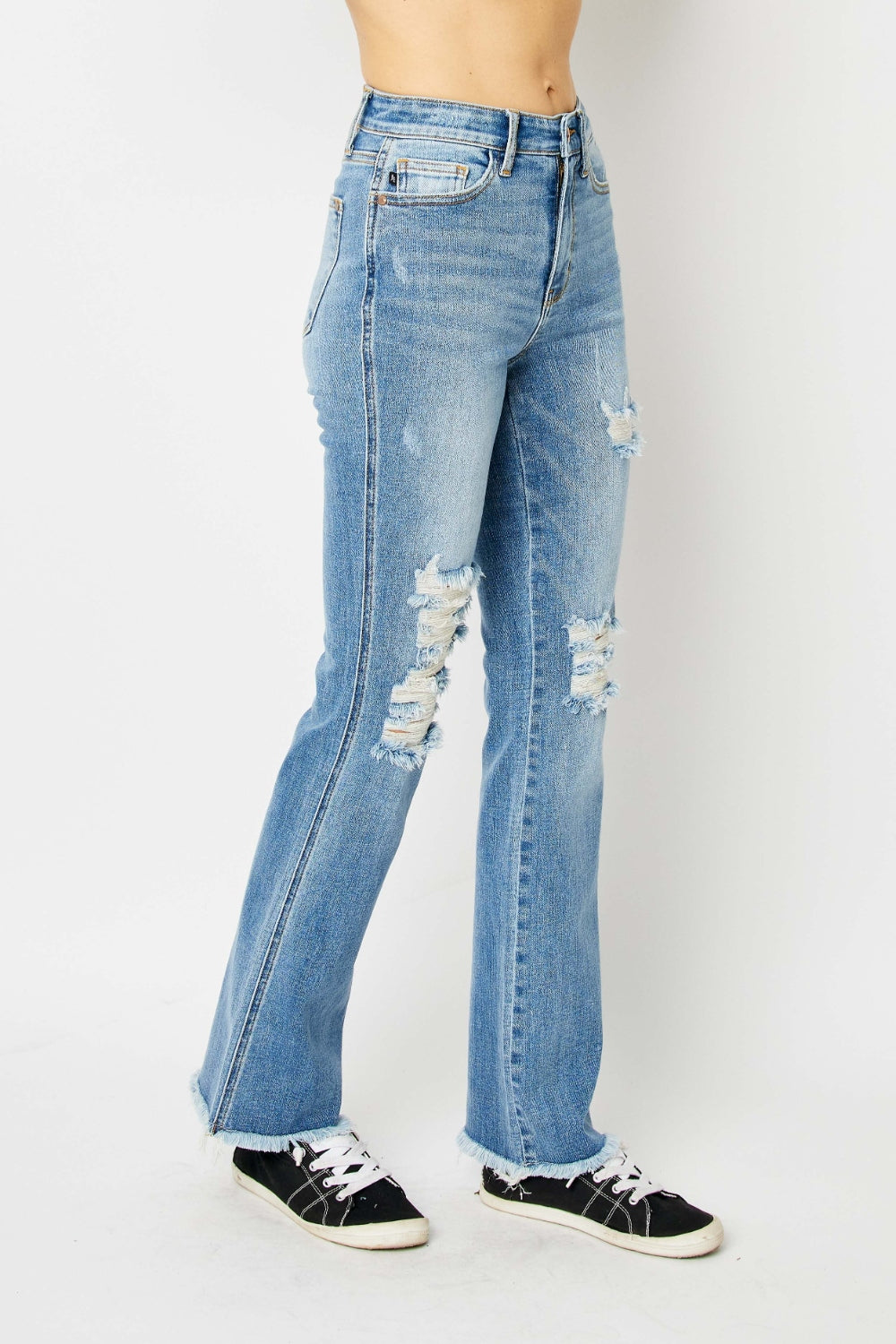 Judy Blue Full Size Distressed Raw Hem Bootcut Jeans Jeans Trendsi   