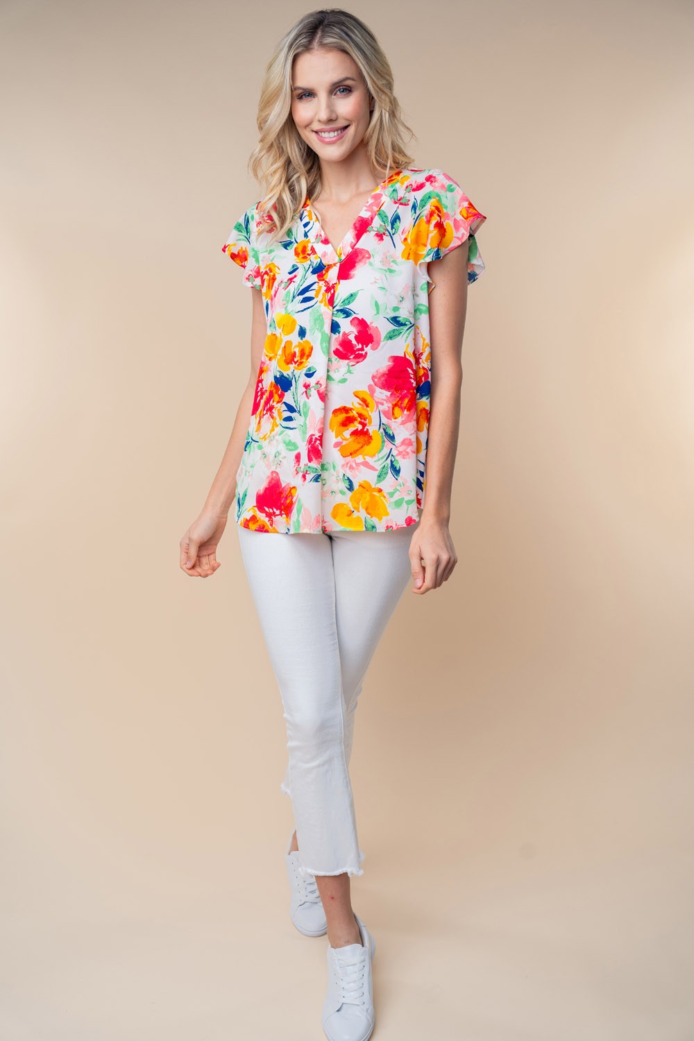 White Birch Full Size Short Sleeve Floral Woven Top - NeoKira Unlimited