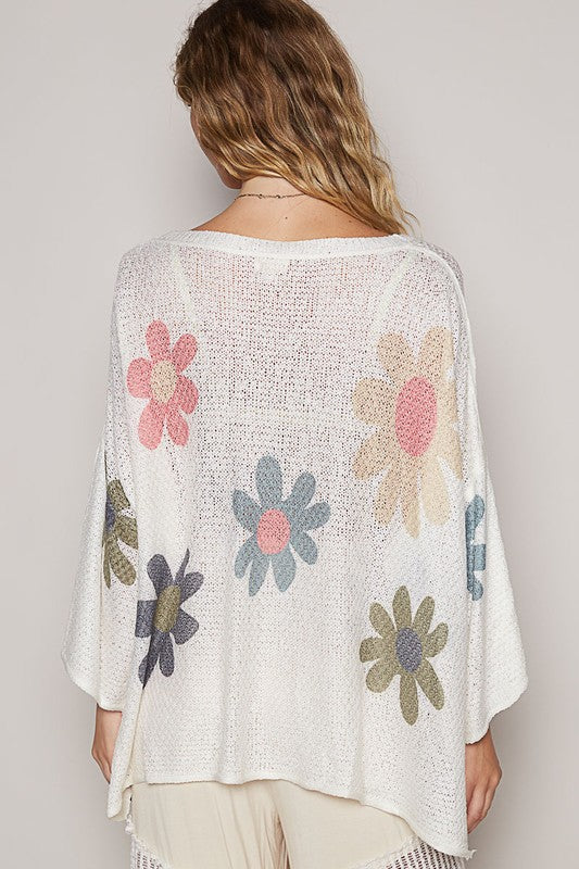 POL Flower Dropped Shoulder Long Sleeve Knit Top - NeoKira Unlimited