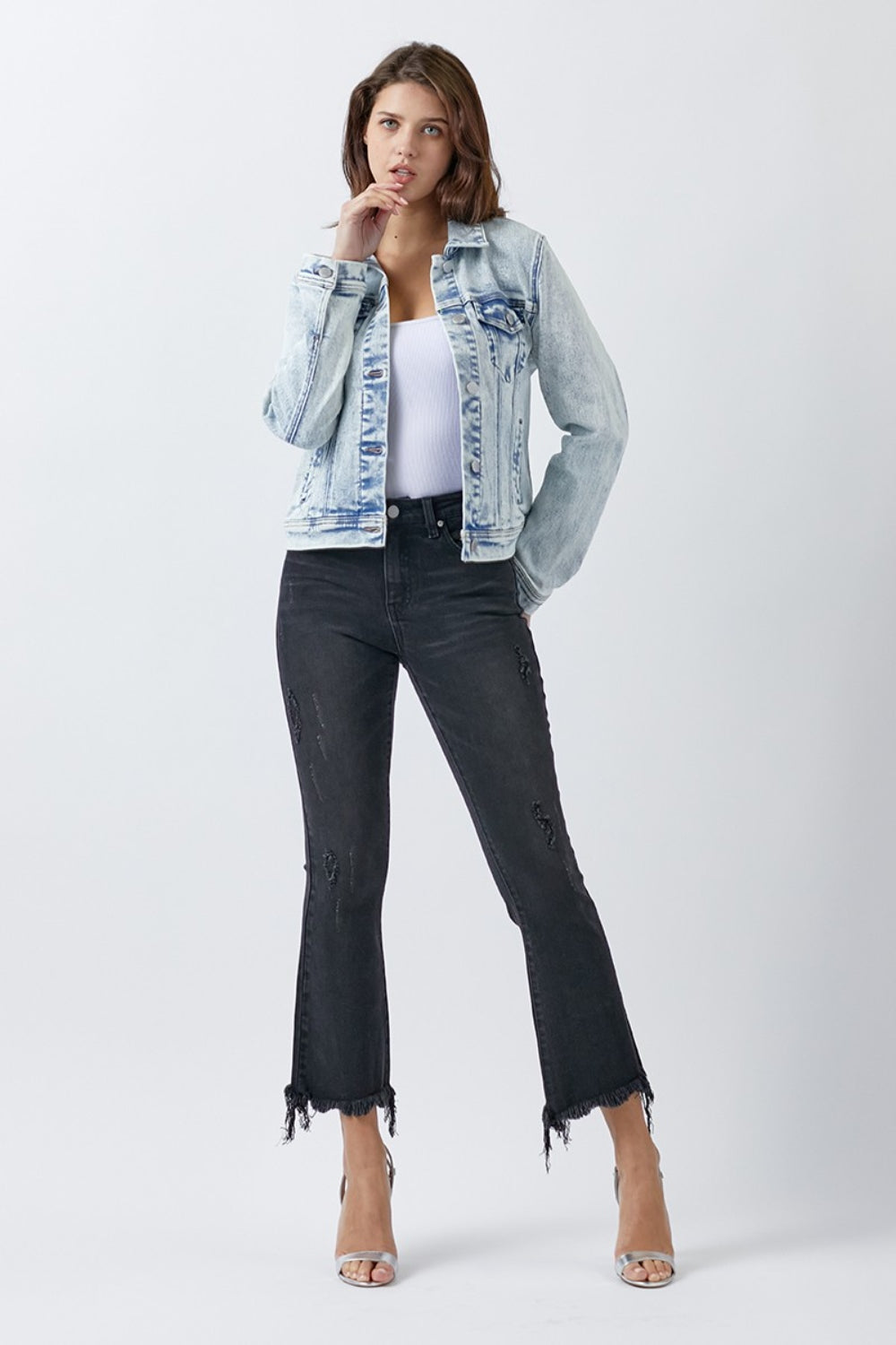 RISEN Button Up Washed Denim Jacket Jacket Trendsi   