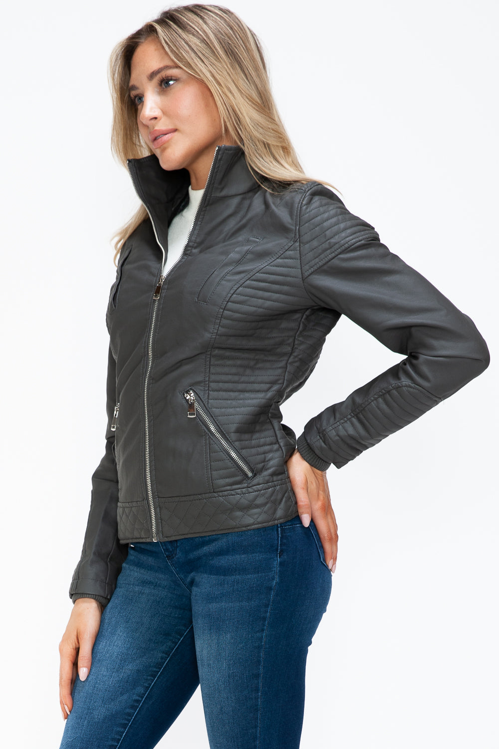 YMI Faux Layered Double-Zipper Jacket with Fuzzy Hood - NeoKira Unlimited