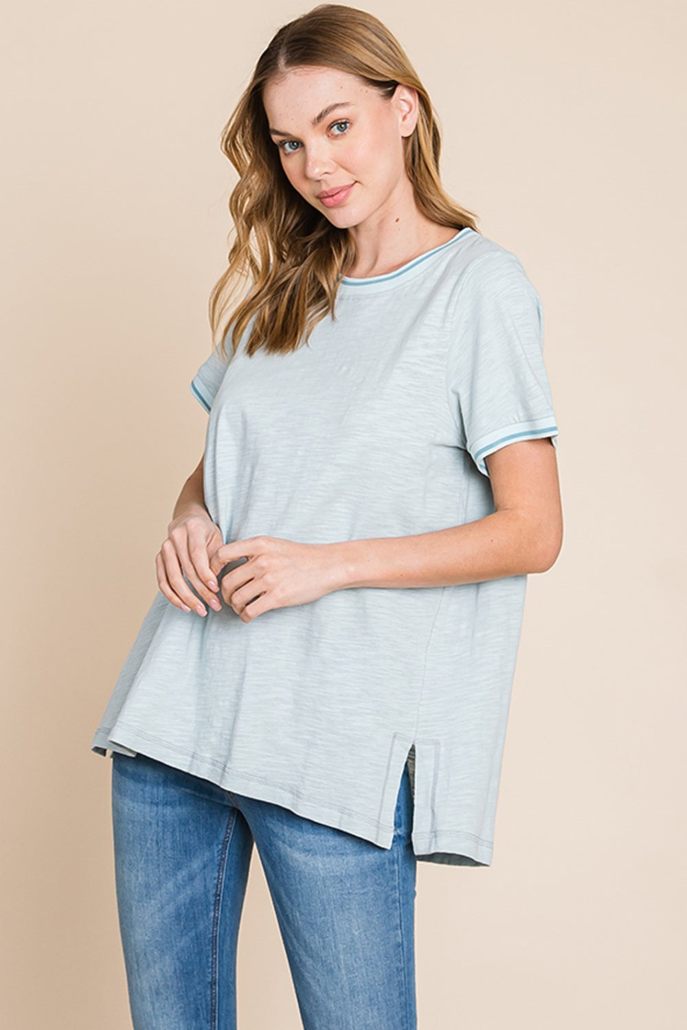 Cotton Bleu by Nu Lab Contrast Trim Short Sleeve Slit T-Shirt T-Shirt Trendsi Seafoam S 