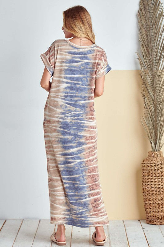 Jade By Jane Animal Print and Tie Dye Short Sleeve Maxi Dress Side Slits - NeoKira Unlimited