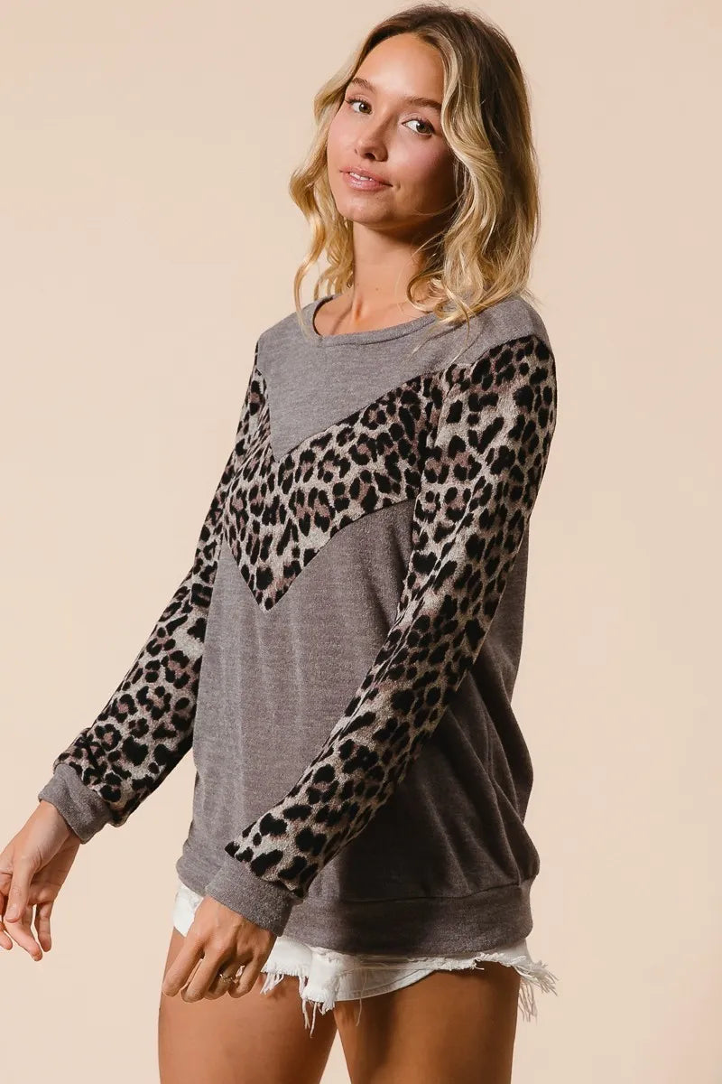 BiBi Sweater Knit Top With Leopard V Shape Block - NeoKira Unlimited