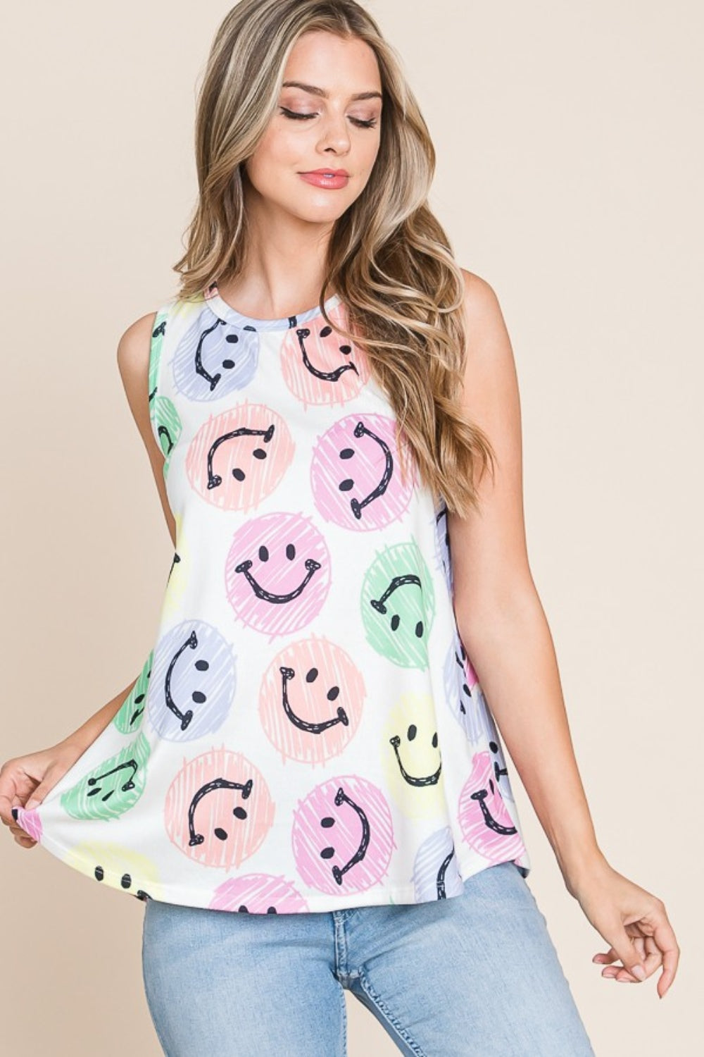 BOMBOM Smiley Face Round Neck Tank Tank Top Trendsi   