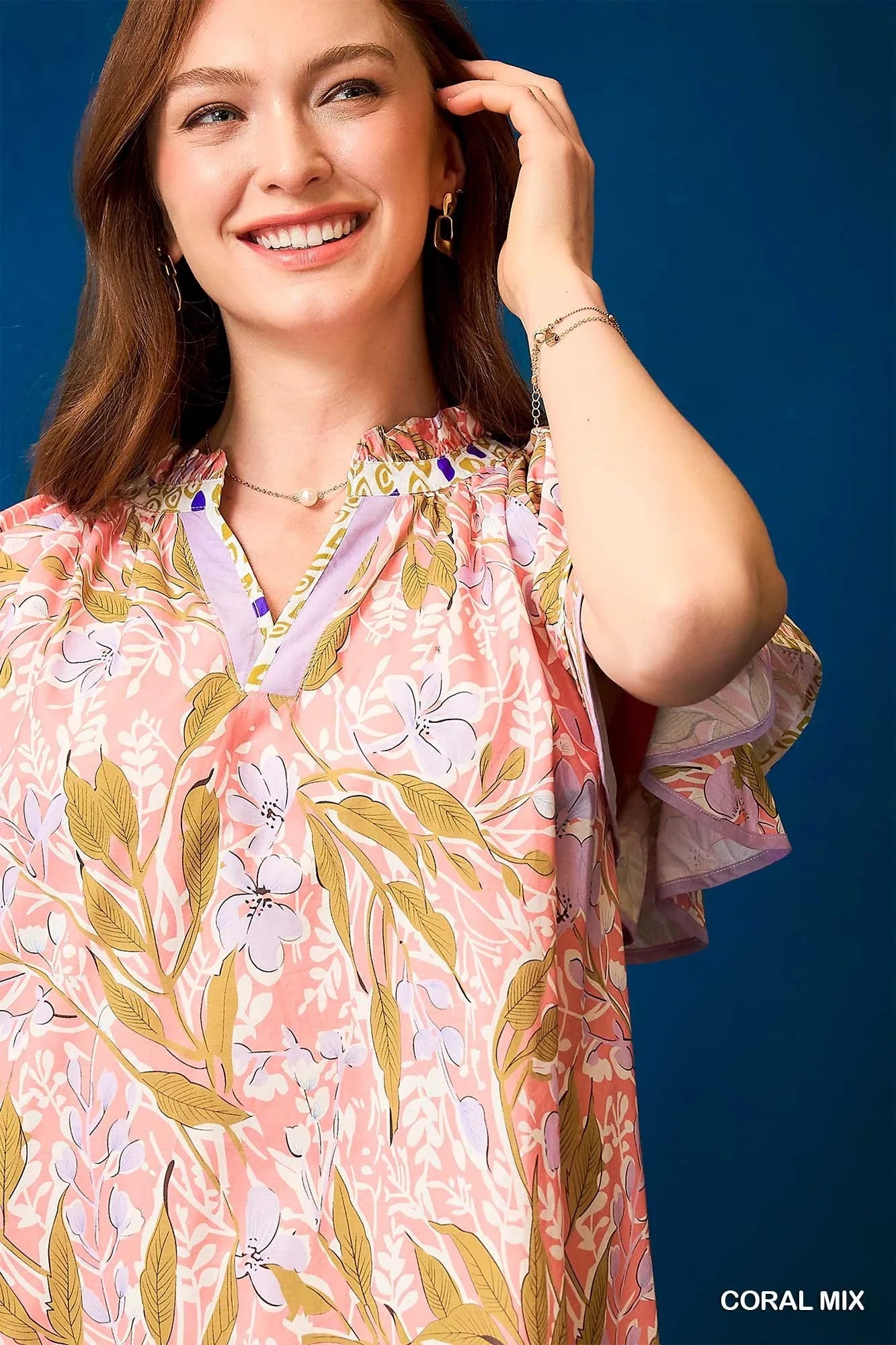 Umgee Floral Ruffle Sleeve Tunic Dress Lightweight Cotton Style - NeoKira Unlimited