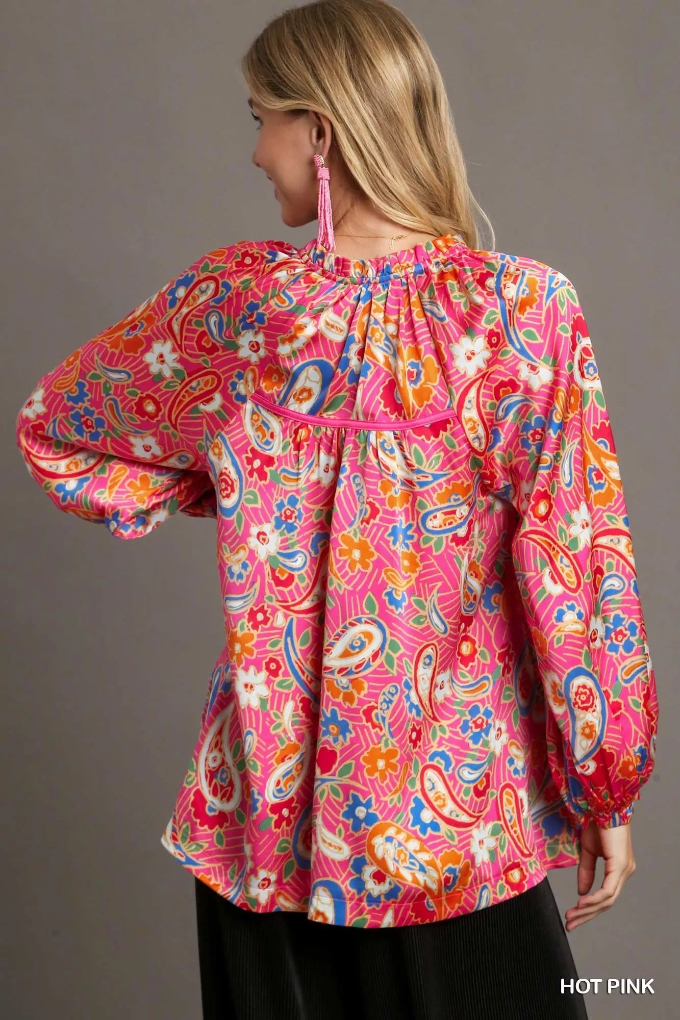 Umgee Boho Luxe Plus Size Satin Paisley Ruffle Neck Button Up Shirt - NeoKira Unlimited