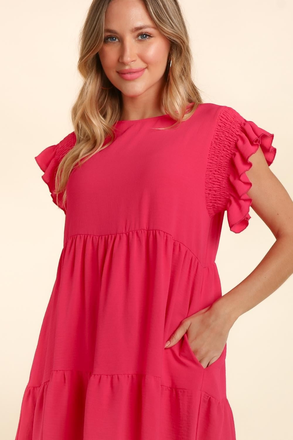 Haptics Full Size Smocking Ruffle Short Sleeve Dress with Pockets Mini Dress Trendsi   