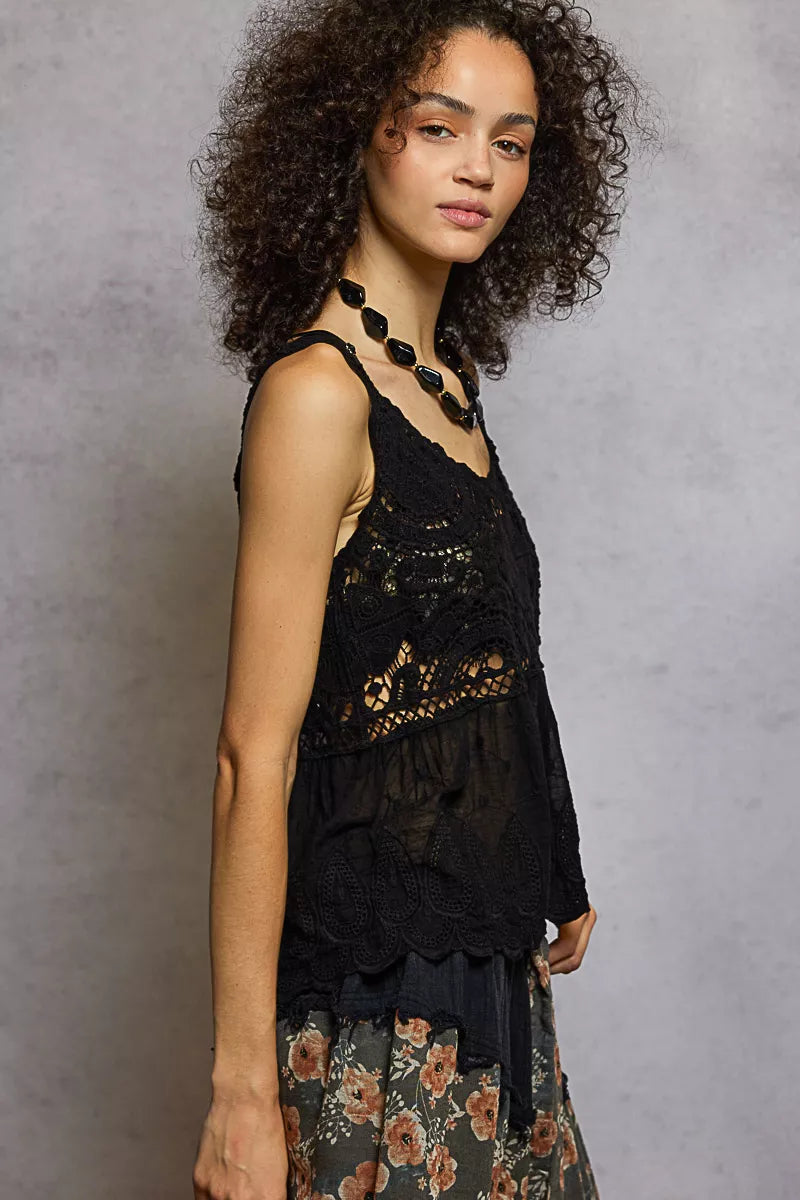POL V-Neck Crochet Tank with Floral Embroidery Boho Chic Style - NeoKira Unlimited