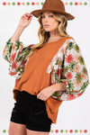 SAGE + FIG Full Size Printed Balloon Sleeve Contrast Top Top Trendsi   