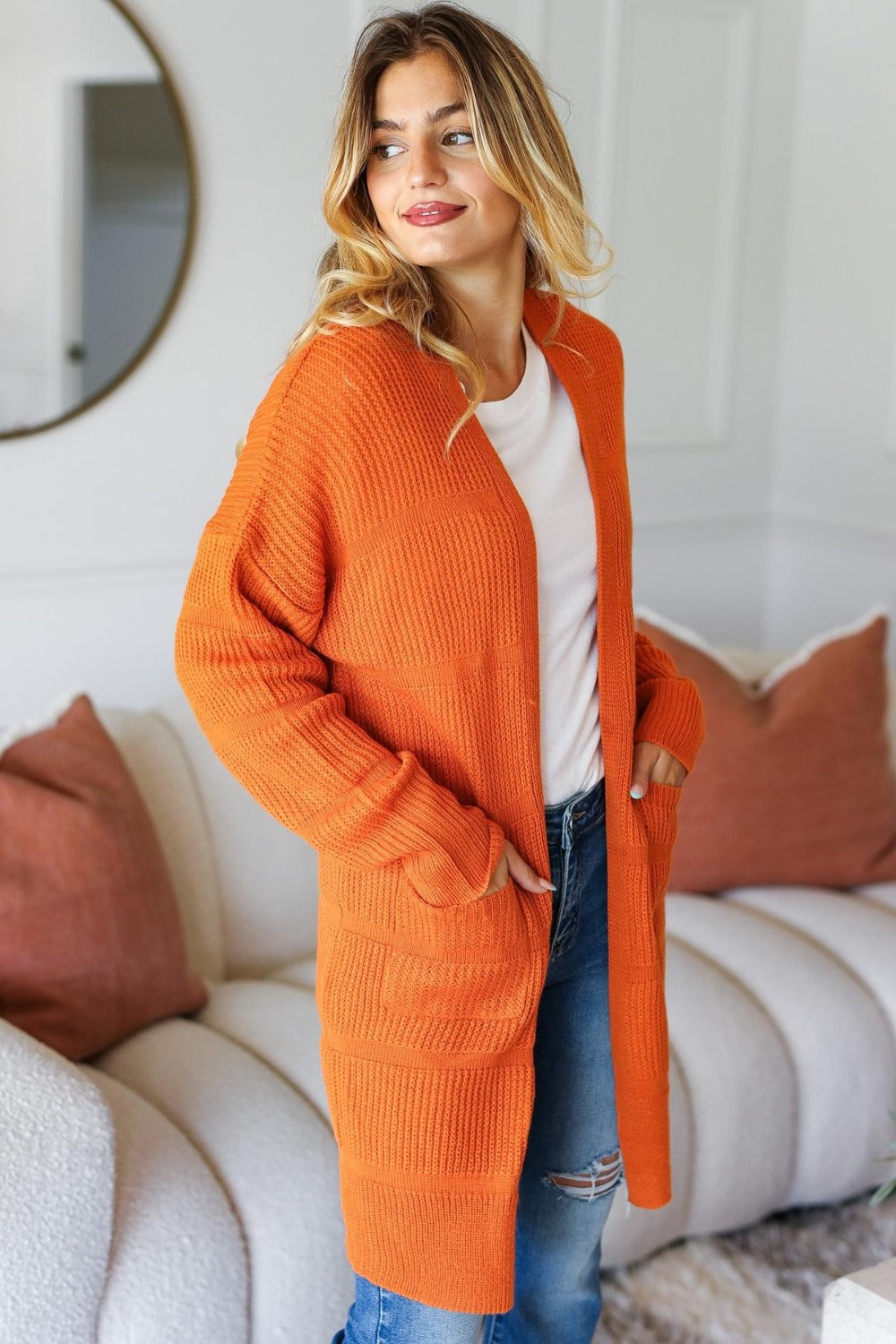Haptics Full Size Stripe Textured Open Front Cardigan with Pockets - NeoKira Unlimited