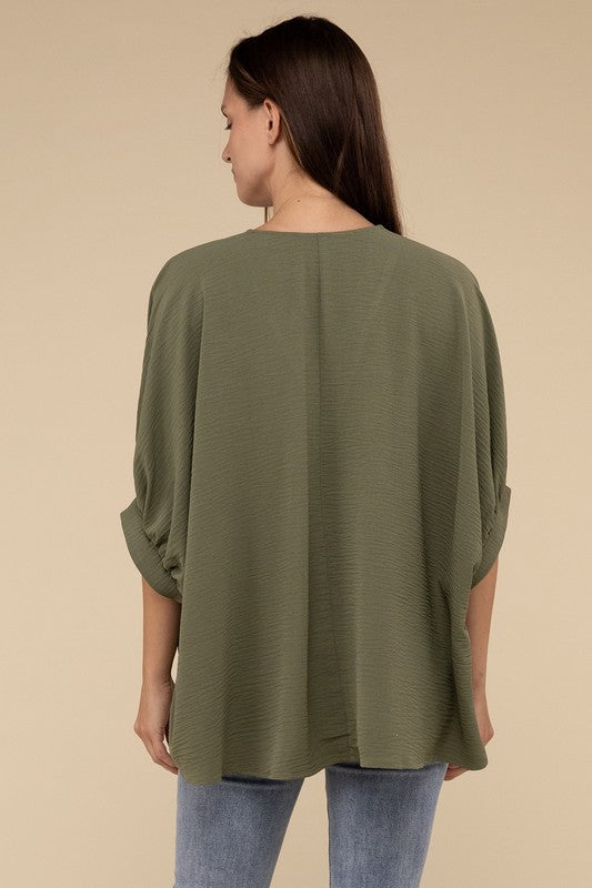 Woven Airflow V-Neck Puff Half Sleeve Top Top ZENANA   