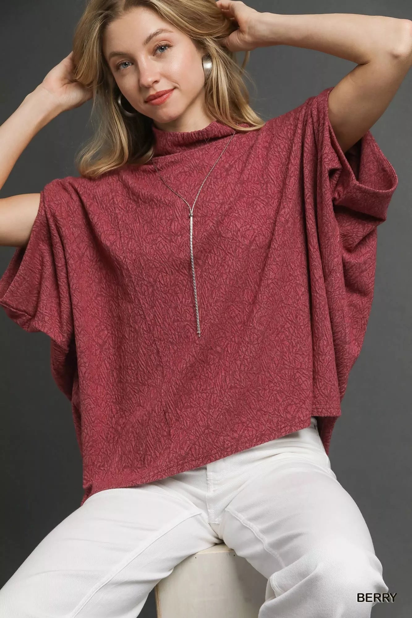 Umgee Textured Mock Neck Relaxed Top – Cozy Minimalist Style - NeoKira Unlimited