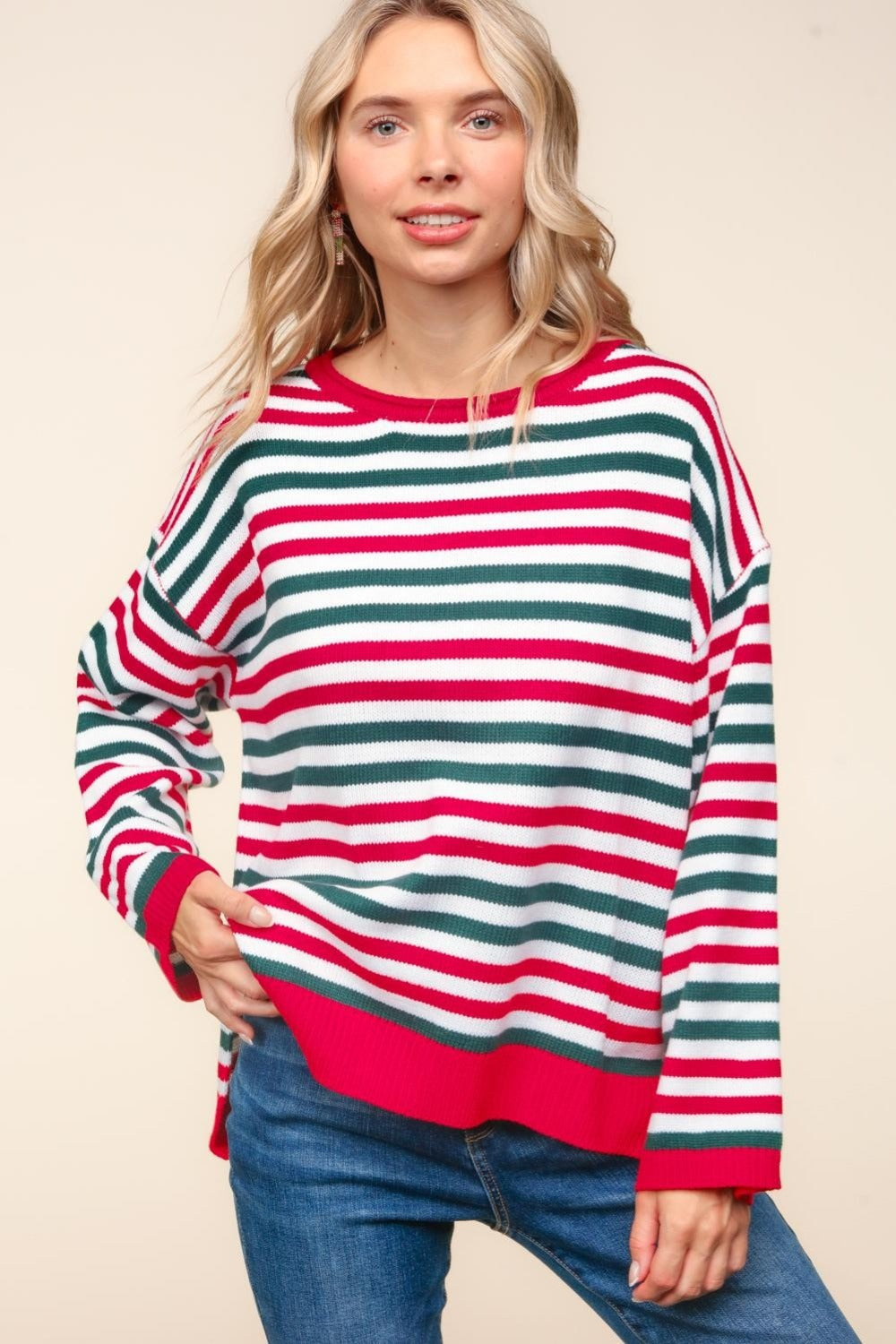 Haptics Full Size Striped Contrast Side Slit Knit Top - NeoKira Unlimited