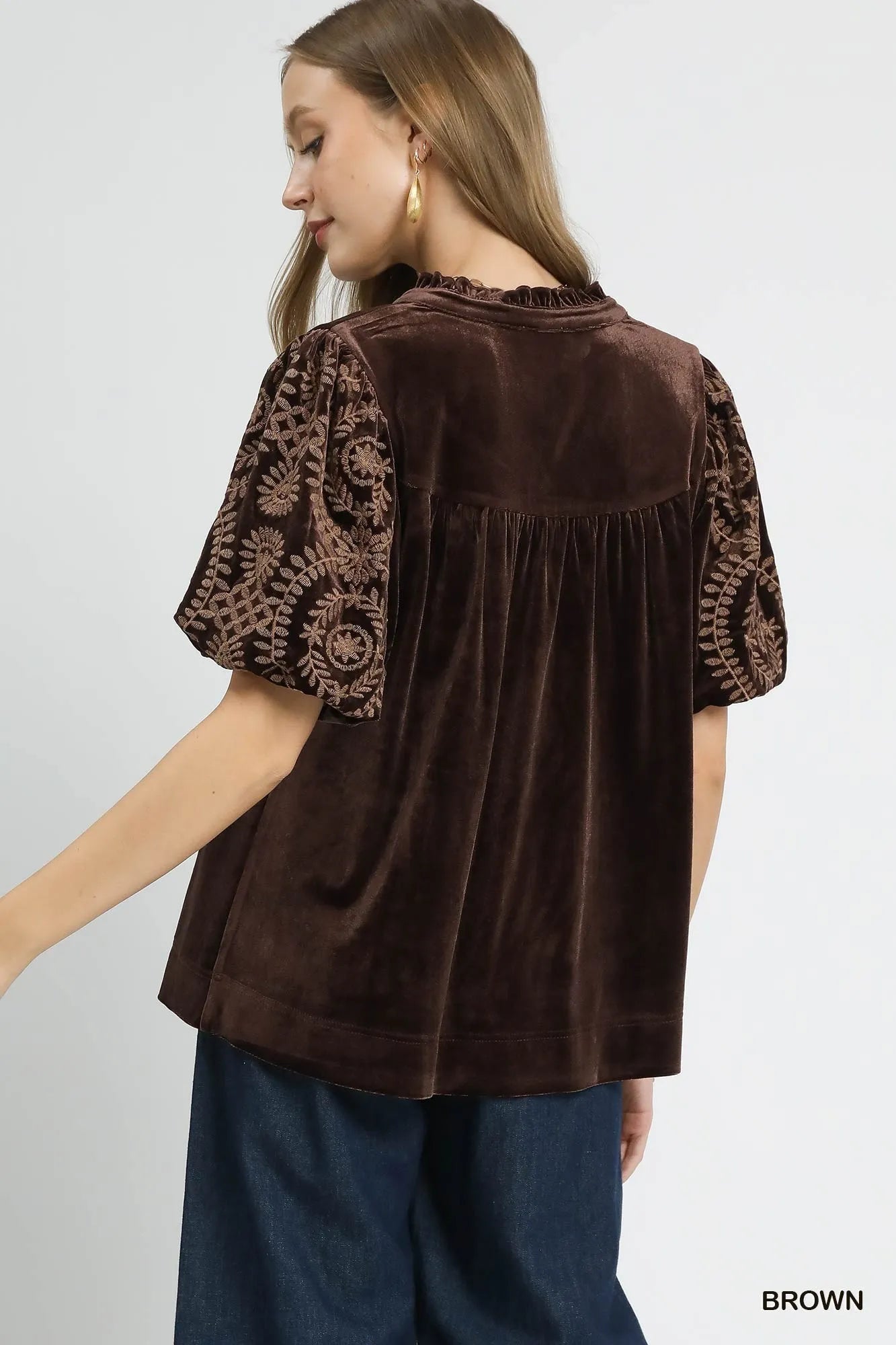 Umgee Velvet Embroidered Sleeve Blouse – Boho Luxe Plus Style - NeoKira Unlimited