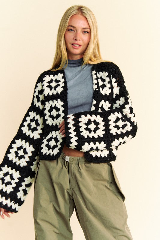 Davi & Dani Full Size Two Tone Flower Square Crochet Open Front Cardigan - NeoKira Unlimited