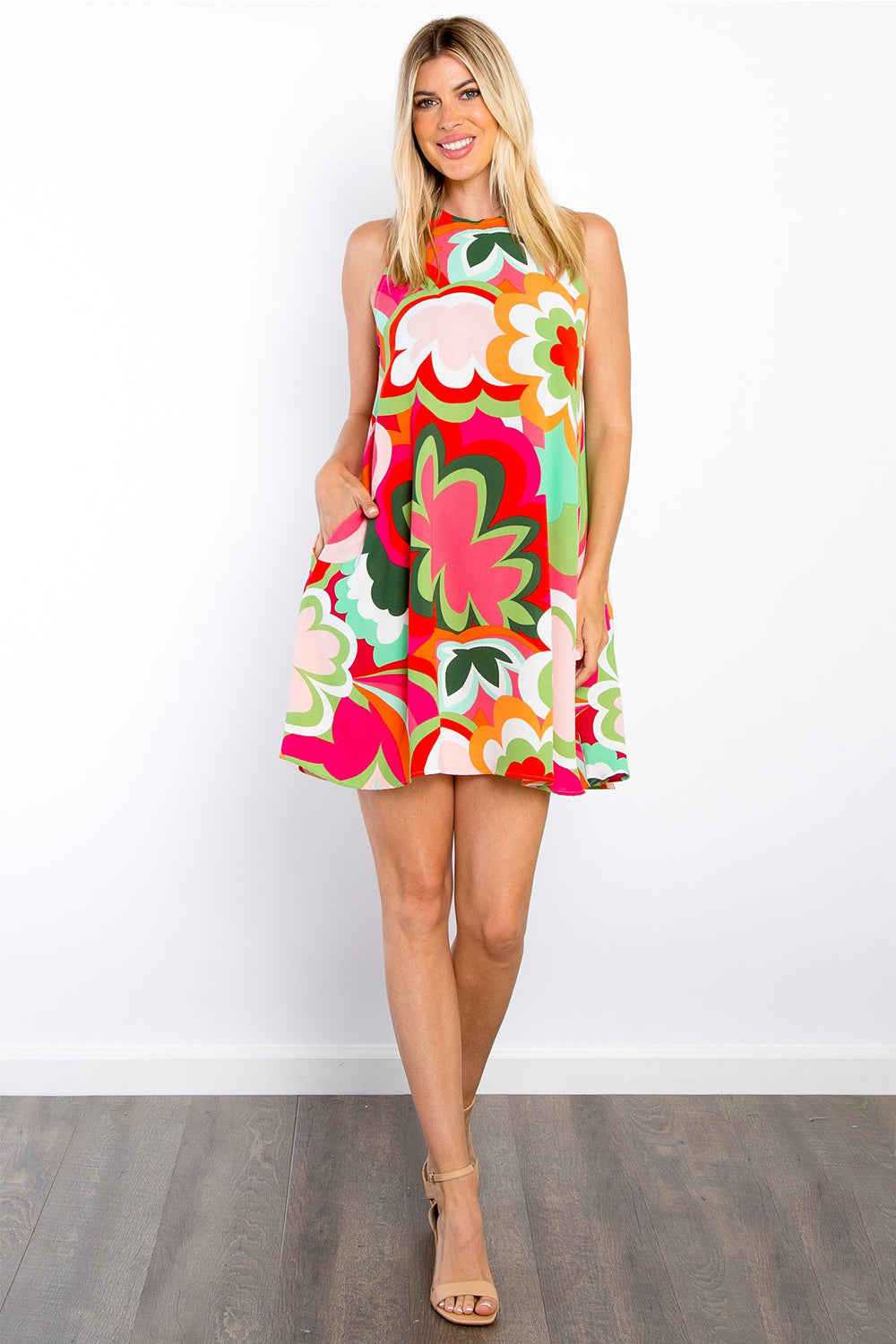 Be Stage Full Size Floral Sleeveless Mini Dress with Pockets - NeoKira Unlimited