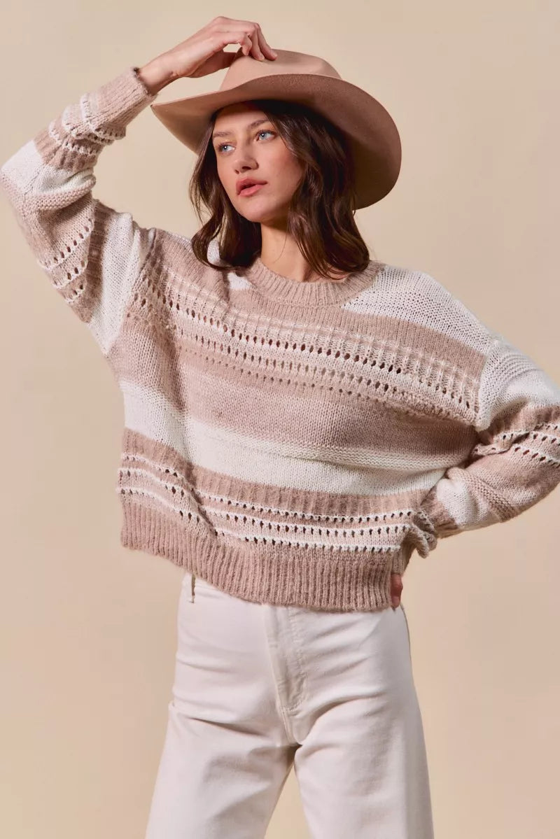 SO ME Variegated Stripe Textured Sweater Boho Cozy Style - NeoKira Unlimited