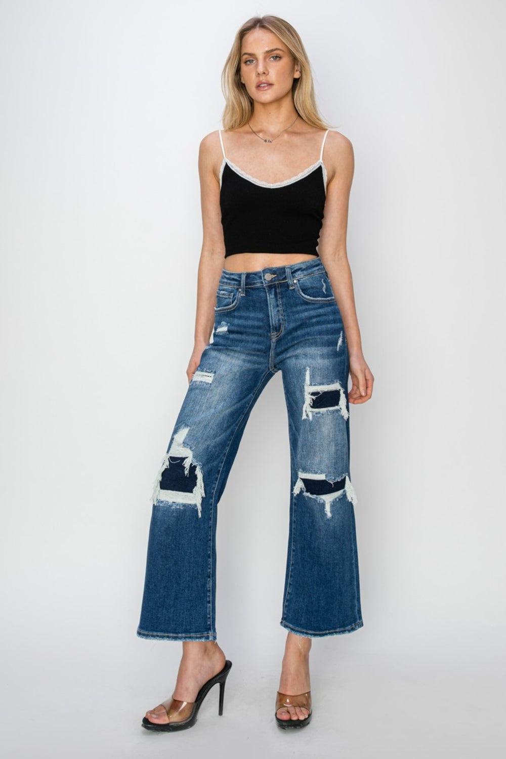Risen Full Size High Rise Patch Detailed Wide Leg Crop Jeans - NeoKira Unlimited