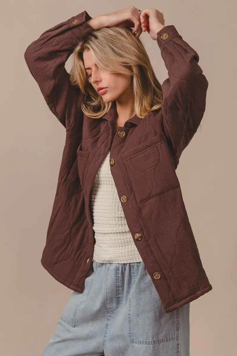 BiBi Quilted Wrinkle Gauze Oversized Long Sleeve Shacket - NeoKira Unlimited