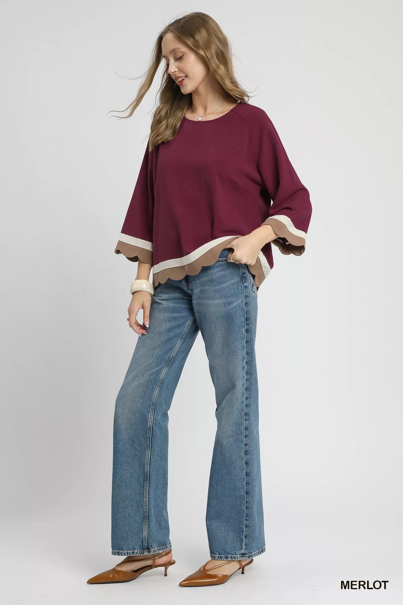 Umgee Scalloped Hem Linen Blend Color Block Top Chic Casual - NeoKira Unlimited