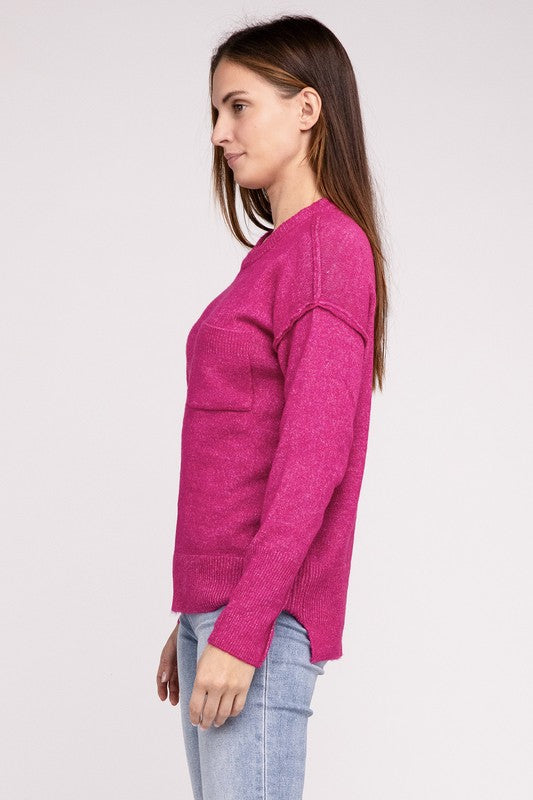 ZENANA Melange Hi-Low Hem Round Neck Sweater - NeoKira Unlimited
