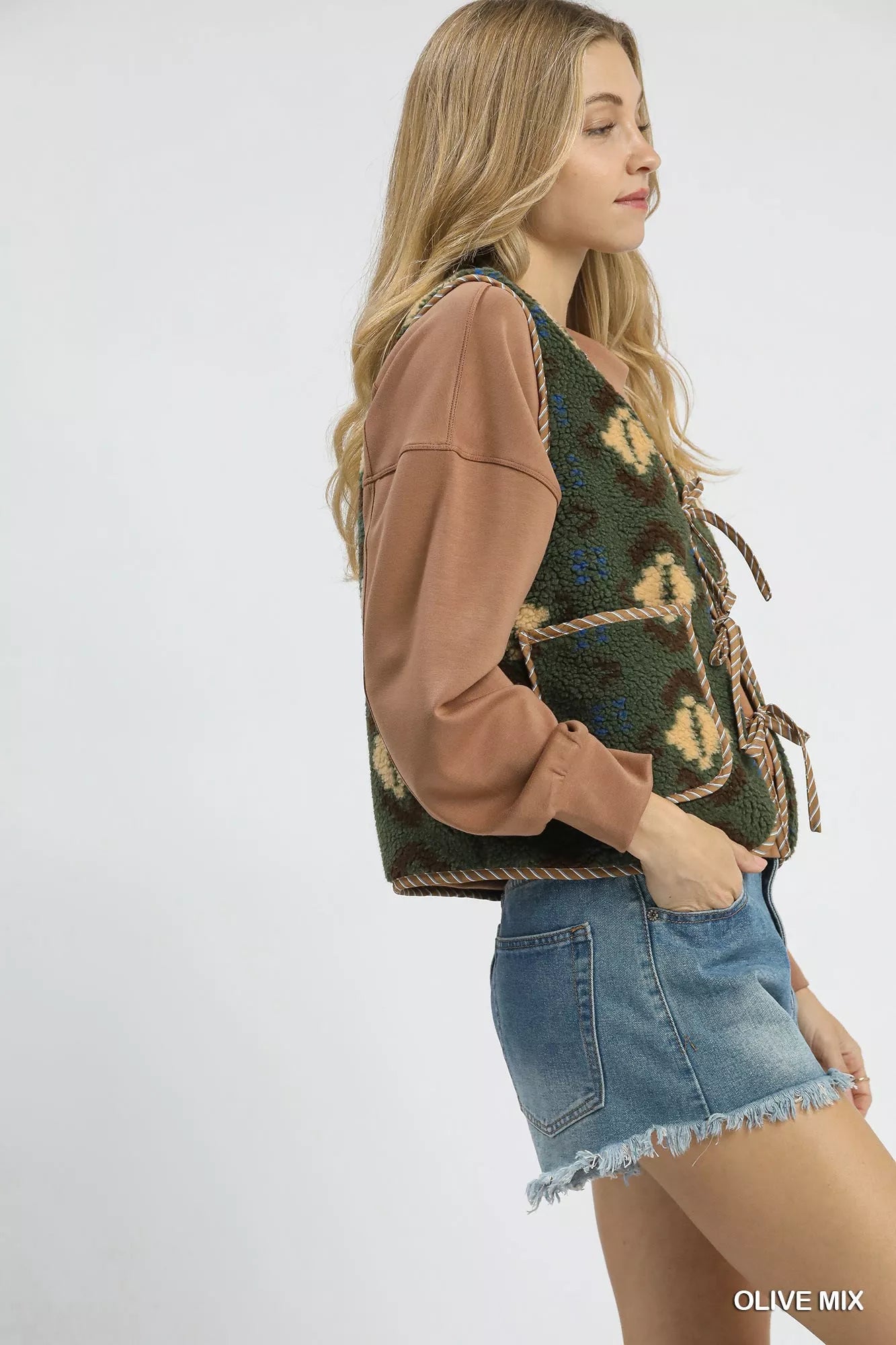 Umgee Mix Patterned Sherpa Tie-Front Vest Boho Western Style - NeoKira Unlimited