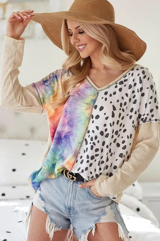 BiBi Print Block V Neck Top with Contrast Stitching - NeoKira Unlimited