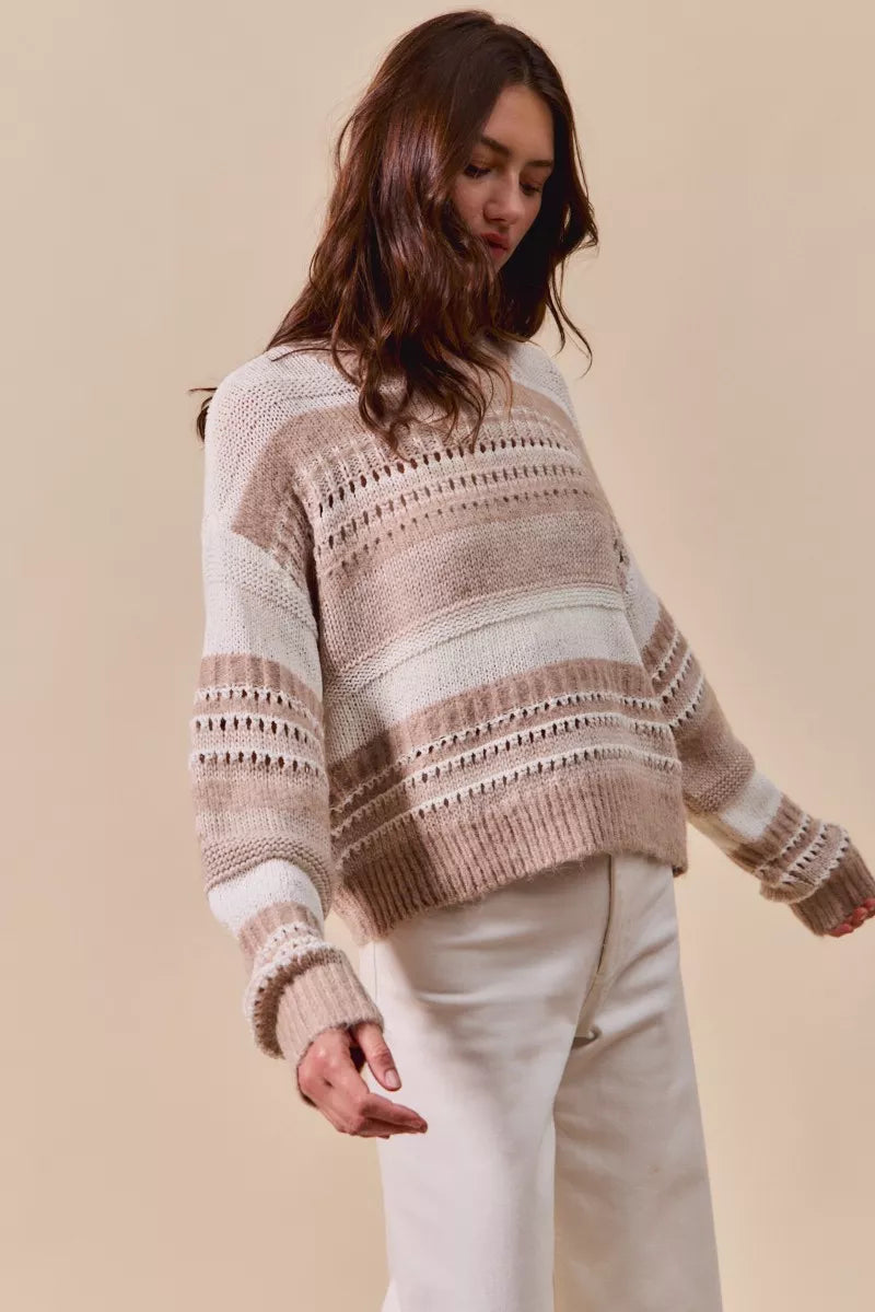 SO ME Variegated Stripe Textured Sweater Boho Cozy Style - NeoKira Unlimited