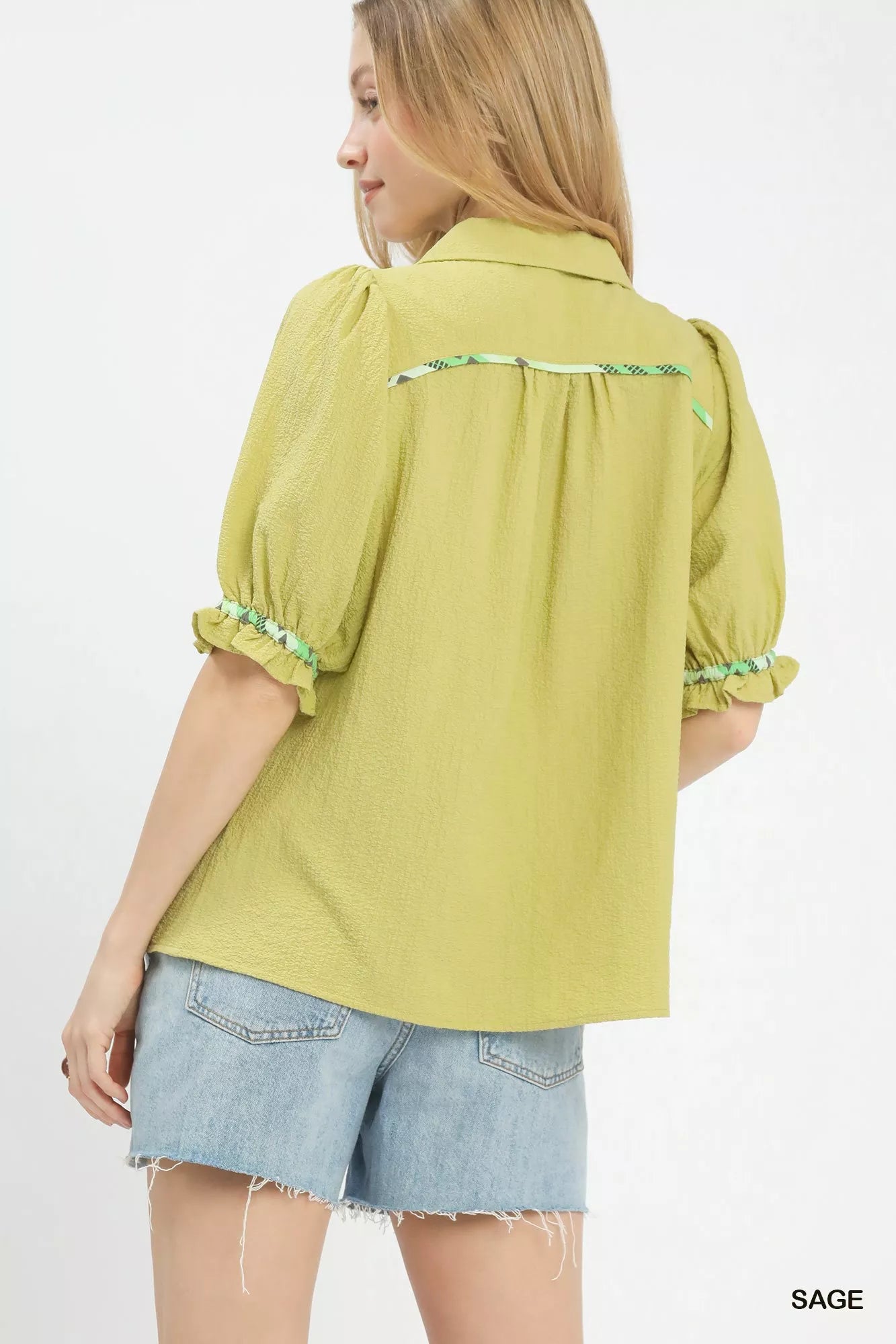 Umgee Scalloped Trim Blouse with Puff Sleeves Boho Chic - NeoKira Unlimited