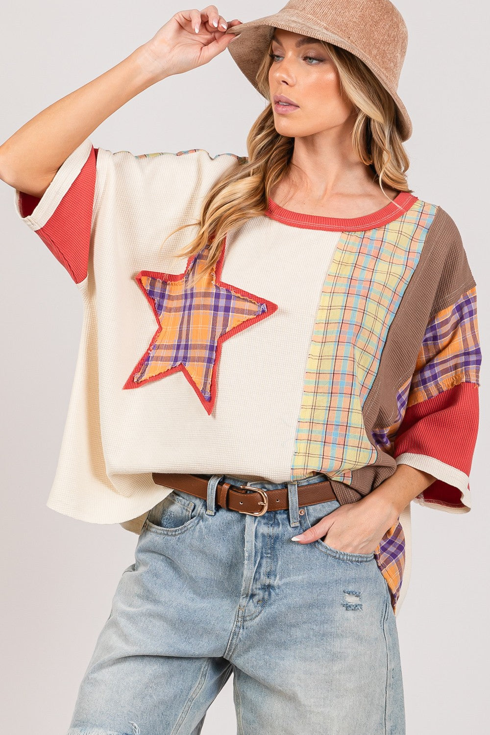 SAGE + FIG Round Neck Plaid Star Patch T-Shirt T-Shirt Trendsi Berry S 