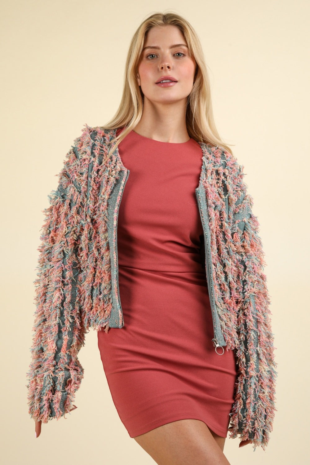 VERY J Shaggy Yarn Knit Zip Up Jacket - NeoKira Unlimited