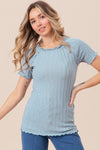 BiBi Ruffle Round Neck Merrow Edge Rib Top Top Trendsi Vintage Blue S 