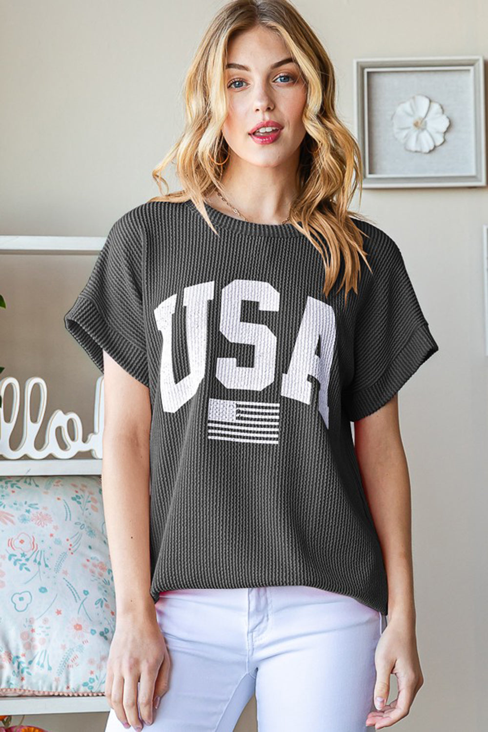 Heimish Full Size USA Graphic Short Sleeve Ribbed Top Top Trendsi Charcoal S 