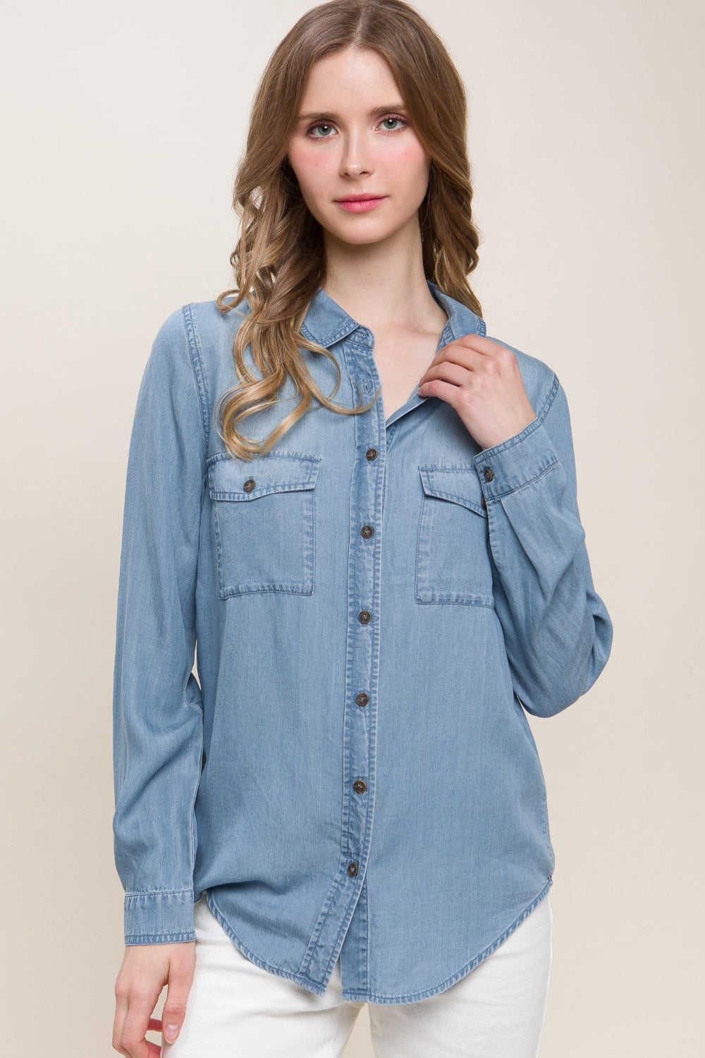 Love Tree Scooped Hem Button Up Denim Shirt Shirt Trendsi Blue S 