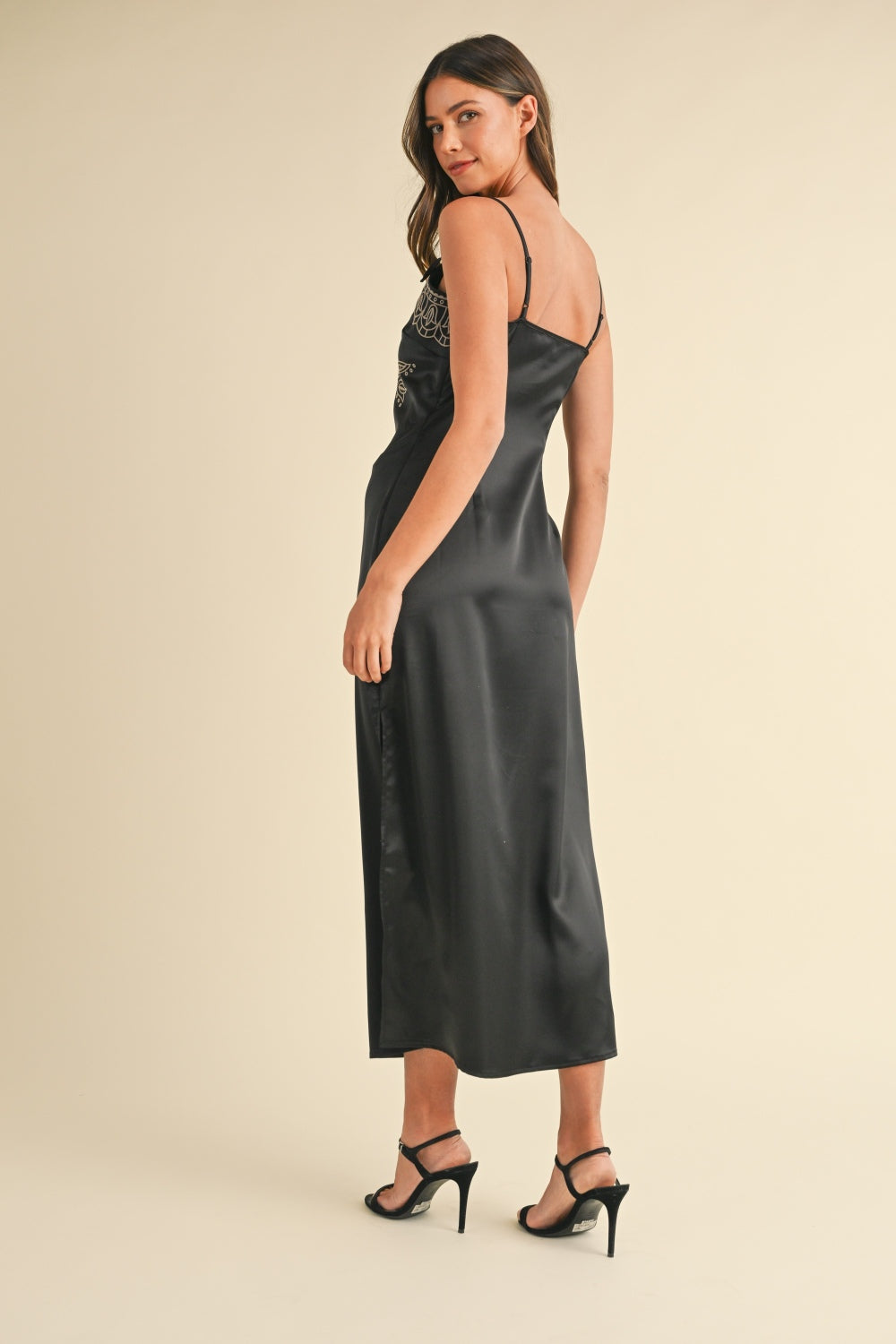 Mable Embroidered Cami Satin Midi Slit Dress - NeoKira Unlimited