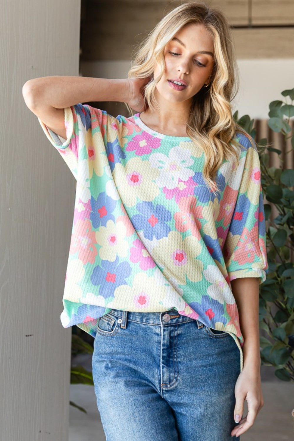 HOPELY Floral Waffle Oversized T-Shirt T-Shirt Trendsi   