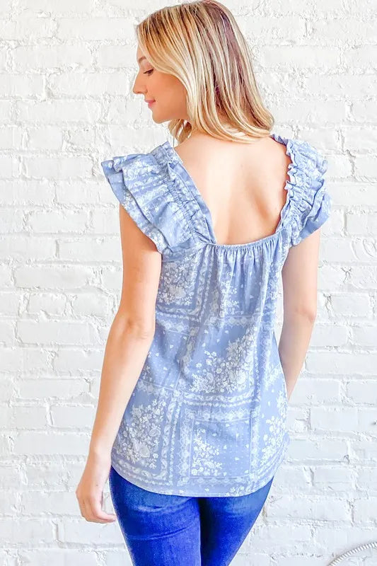And The Why Boho Print Rayon Linen Ruffle Baby Doll Tank Top - NeoKira Unlimited