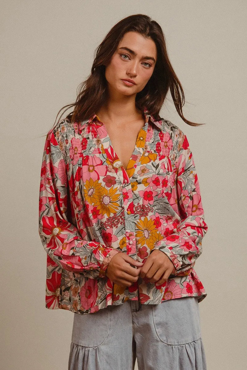 BiBi Tropical Floral Button-Up Blouse Vibrant Long Sleeve Relaxed Fit Top - NeoKira Unlimited
