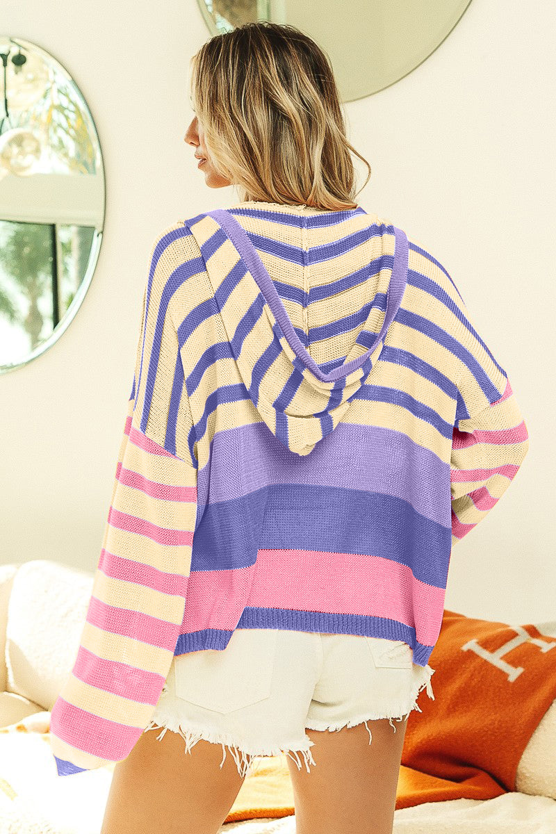 BiBi Striped Color Block Hooded Knit Top - NeoKira Unlimited