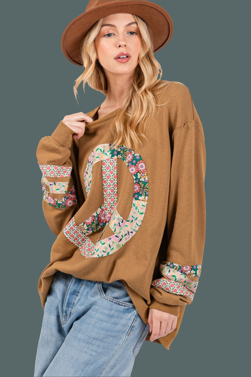 SAGE + FIG Peace Applique Patch Long Sleeve Top