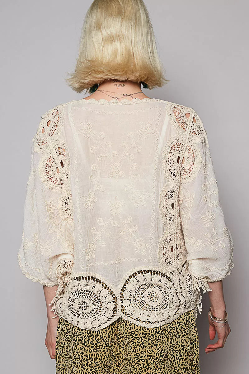 POL Round Neck Crochet Top with Floral Embroidery Detail Boho Chic - NeoKira Unlimited