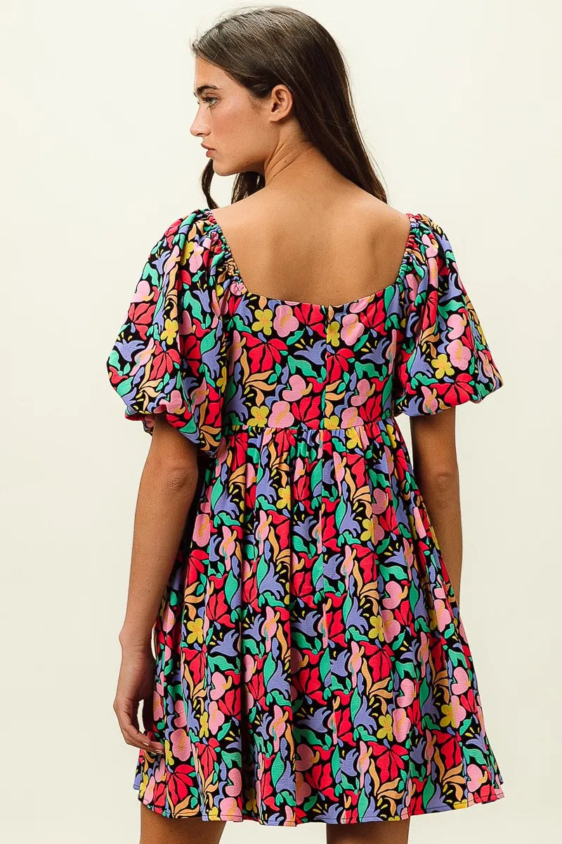 BiBi Tropical Boho Floral Print Puff Sleeve Square Neck Dress - NeoKira Unlimited
