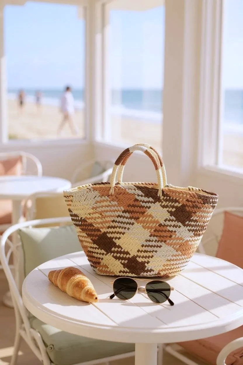 Color Weaved Faux Straw Tote – Large Boho Basket Beach Market Bag - NeoKira Unlimited