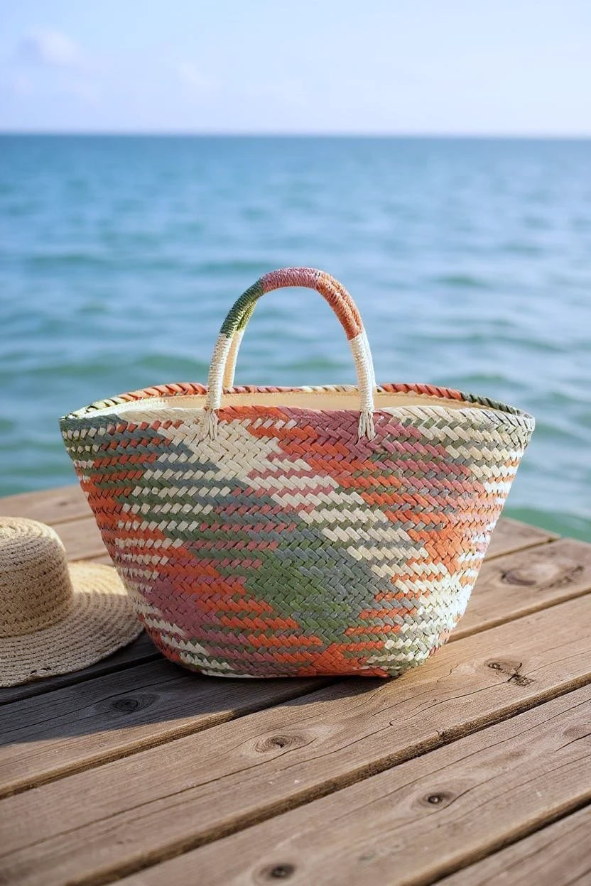 Color Weaved Faux Straw Tote – Large Boho Basket Beach Market Bag - NeoKira Unlimited
